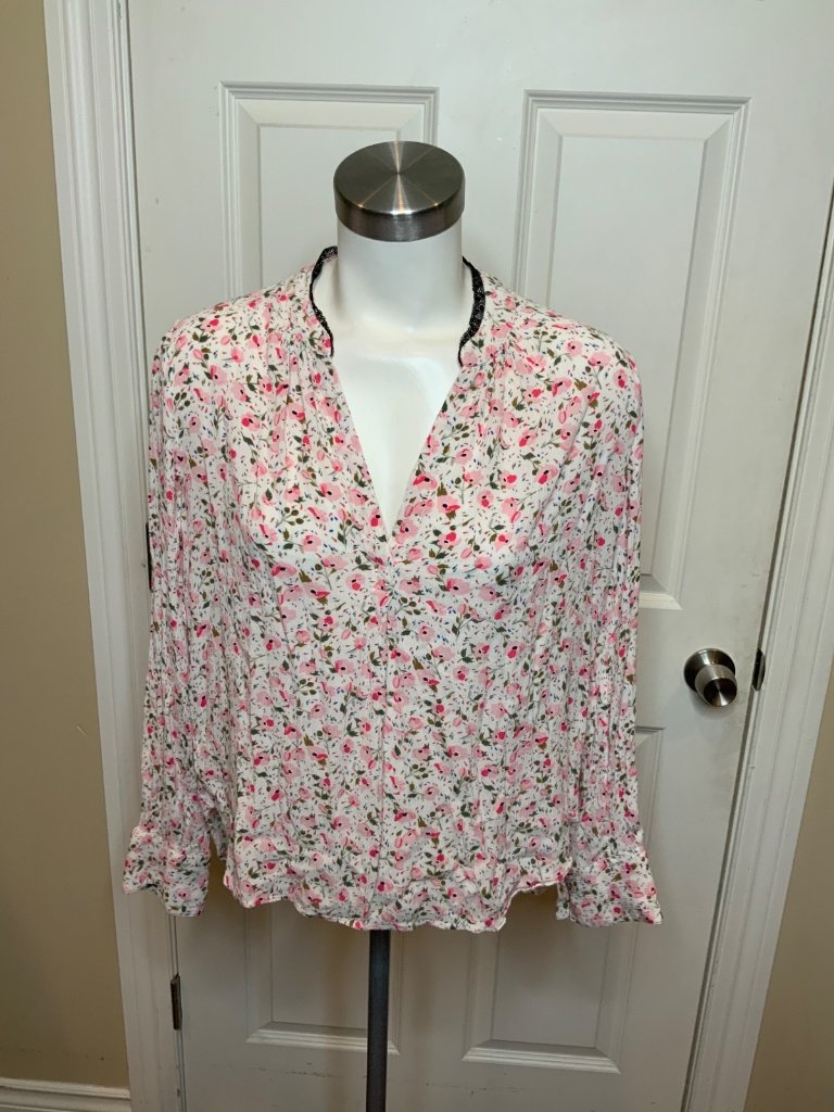 Zadig & Voltaire White Pink Floral V-Neck Top, Size M